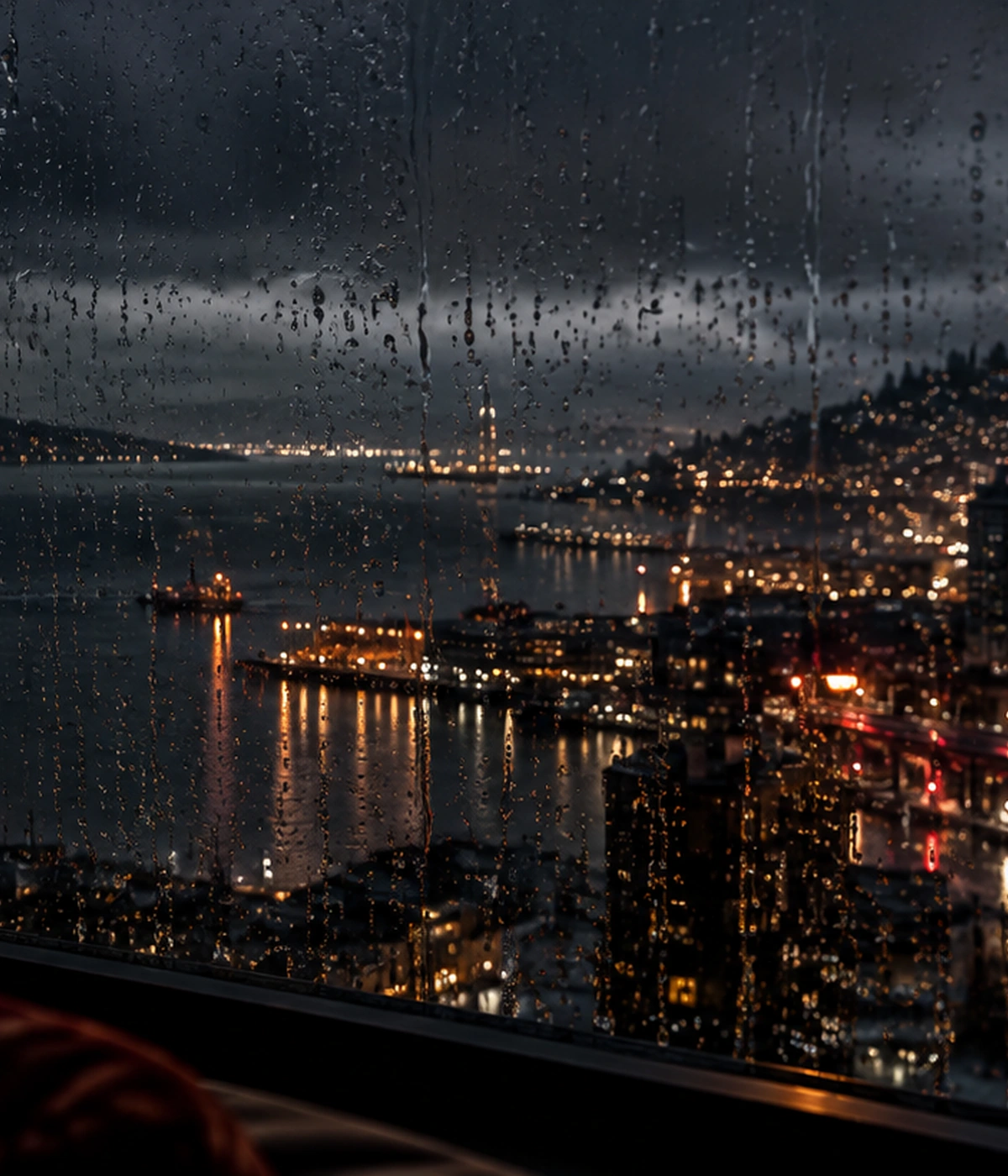 Seattle waterfront lights seen through rain-streaked glass at night