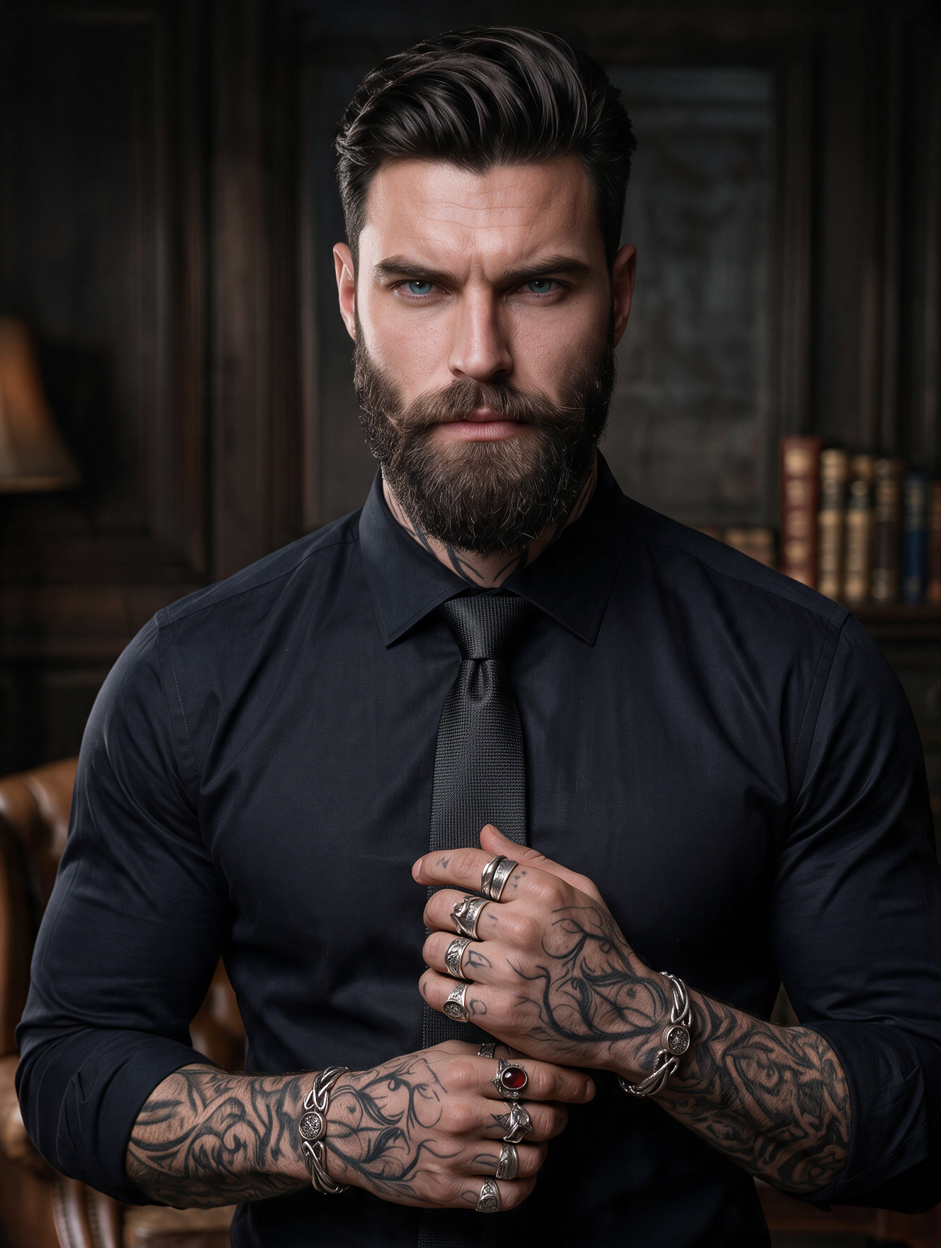 Noct, a tattooed fae lord in a black shirt and tie